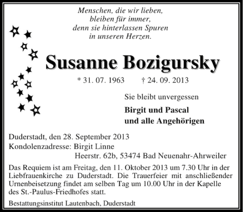  Traueranzeige für Susanne Bozigursky vom 28.09.2013 aus Eichsfelder Tageblatt