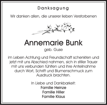 Traueranzeige von Annemarie Bunk von Sächsische Zeitung