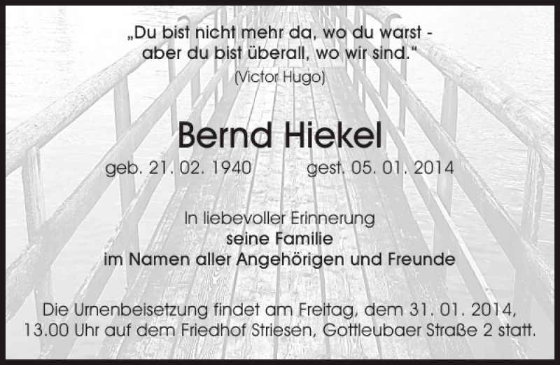  Traueranzeige für Bernd Hiekel vom 18.01.2014 aus Sächsische Zeitung