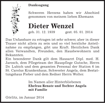 Traueranzeige von Dieter Wenzel von Sächsische Zeitung
