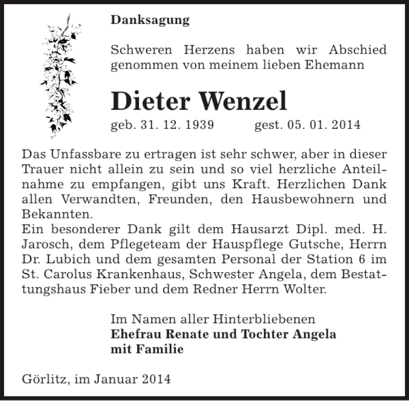  Traueranzeige für Dieter Wenzel vom 18.01.2014 aus Sächsische Zeitung