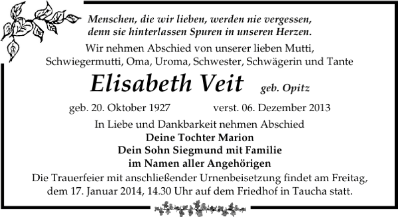  Traueranzeige für Elisabeth Veit vom 11.01.2014 aus Leipziger Volkszeitung