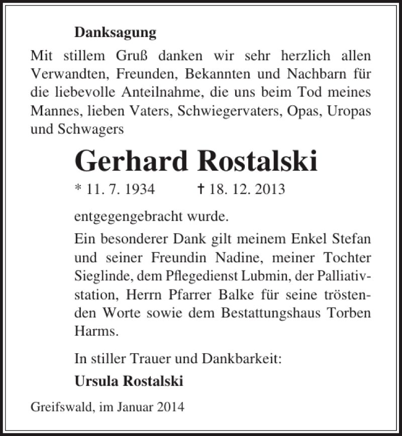  Traueranzeige für Gerhard Rostalski vom 11.01.2014 aus Ostsee-Zeitung