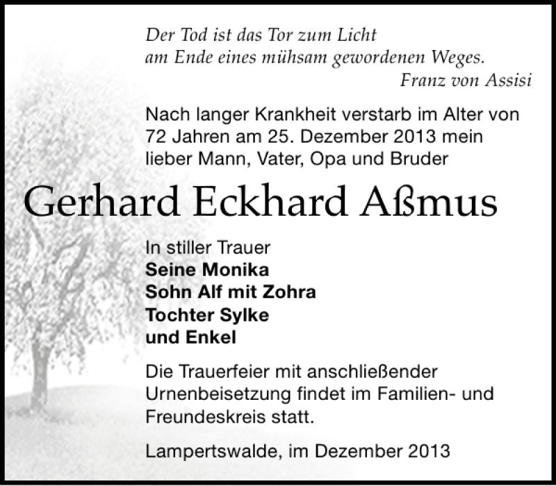  Traueranzeige für Gerhard Eckhard Aßmus vom 04.01.2014 aus Leipziger Volkszeitung