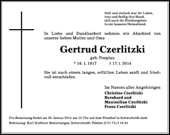 Traueranzeige von Gertrud Czerlitzki von Peiner Allgemeine Zeitung