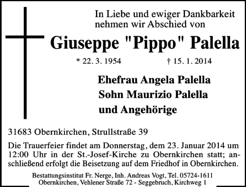  Traueranzeige für Giuseppe Pippo Palella vom 21.01.2014 aus Schaumburger Nachrichten
