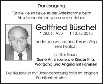 Traueranzeige von Gottfried Büschel von Sächsische Zeitung