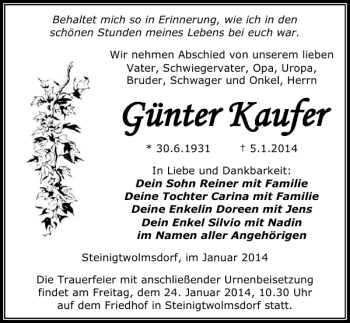 Traueranzeige von Günter Kaufer von Sächsische Zeitung