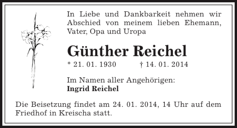  Traueranzeige für Günther Reichel vom 18.01.2014 aus Sächsische Zeitung