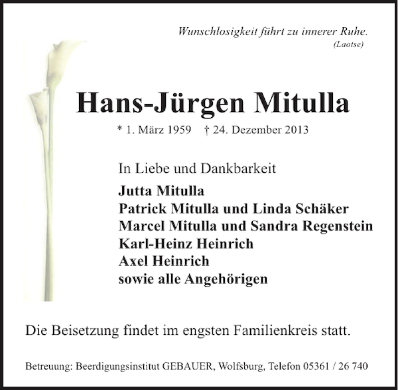  Traueranzeige für Hans-Jürgen Mitulla vom 04.01.2014 aus Aller Zeitung / Wolfsburger Allgemeine