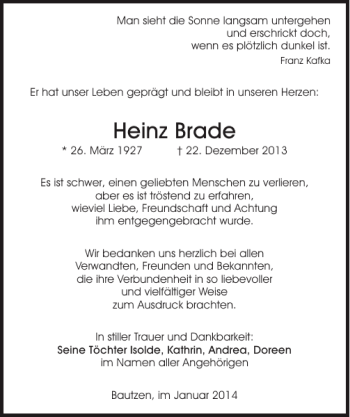 Traueranzeige von Heinz Brade von Sächsische Zeitung
