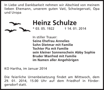 Traueranzeige von Heinz Schulze von Sächsische Zeitung