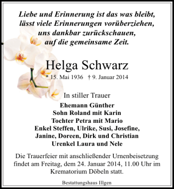 Traueranzeige von Helga Schwarz von Sächsische Zeitung