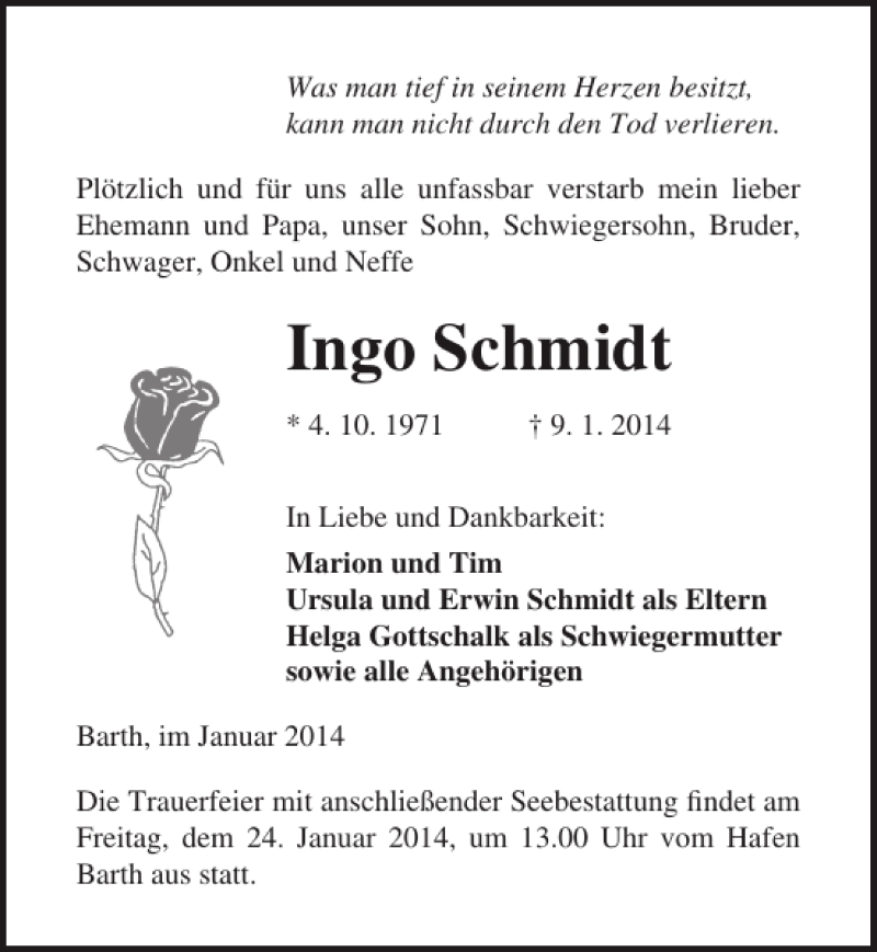 Traueranzeige für Ingo Schmidt vom 18.01.2014 aus Ostsee-Zeitung