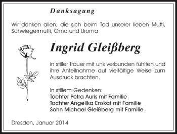 Traueranzeige von Ingrid Gleißberg von Sächsische Zeitung