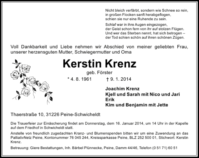  Traueranzeige für Kerstin Krenz vom 13.01.2014 aus Peiner Allgemeine Zeitung