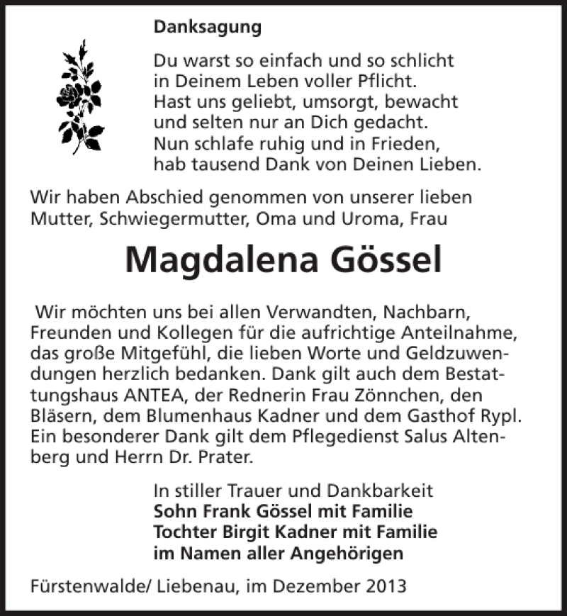  Traueranzeige für Magdalena Gössel vom 18.01.2014 aus Sächsische Zeitung
