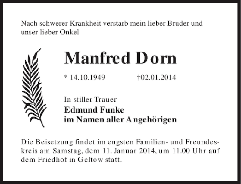  Traueranzeige für Manfred Dorn vom 08.01.2014 aus MAZ-Trauer.de