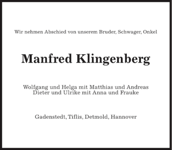 Traueranzeige von Manfred Klingenberg von Peiner Allgemeine Zeitung