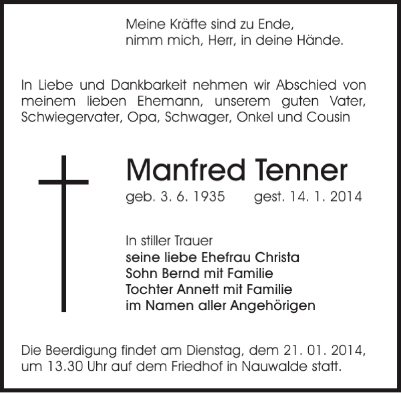  Traueranzeige für Manfred Tenner vom 18.01.2014 aus Sächsische Zeitung