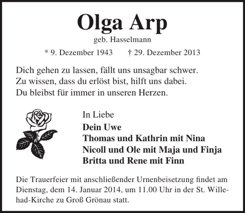  Traueranzeige für Olga Arp vom 05.01.2014 aus Lübecker Nachrichten