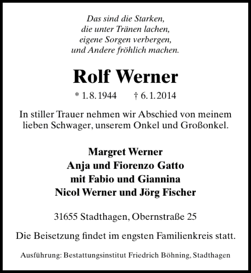  Traueranzeige für Rolf Werner vom 07.01.2014 aus Schaumburger Nachrichten