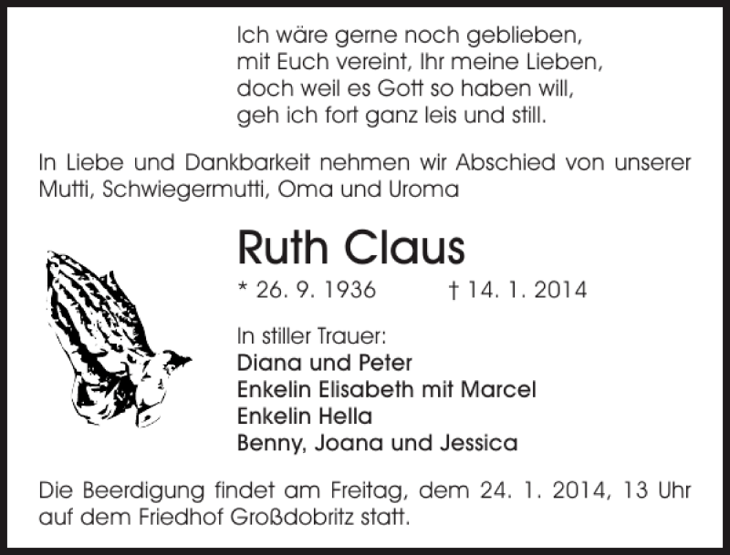  Traueranzeige für Ruth Claus vom 18.01.2014 aus Sächsische Zeitung