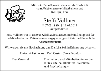 Traueranzeige von Steffi Vollmer von Sächsische Zeitung