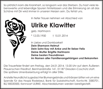 Traueranzeige von Ulrike Klawitter von Sächsische Zeitung