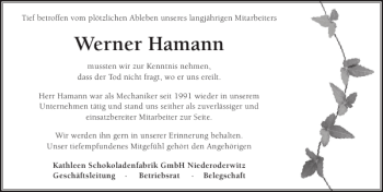 Traueranzeige von Werner Hamann von Sächsische Zeitung