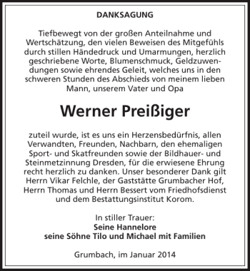 Traueranzeige von Werner Preißiger von Sächsische Zeitung