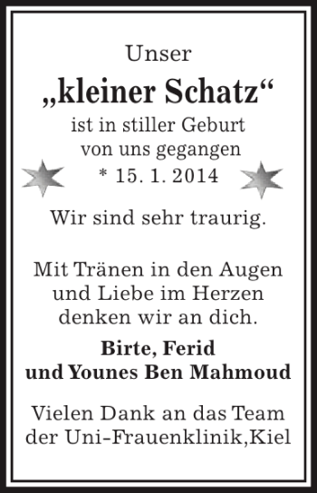 Traueranzeige von kleiner Schatz von Kieler Nachrichten / Segeberger Zeitung