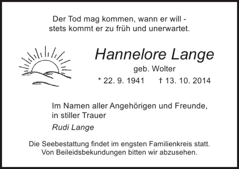  Traueranzeige für Hannelore Lange vom 18.10.2014 aus Ostsee-Zeitung