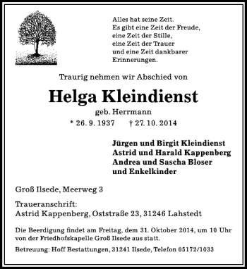 Traueranzeige von Helga Kleindienst von Peiner Allgemeine Zeitung