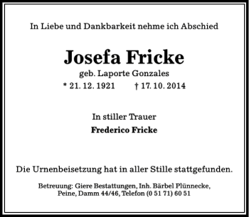 Traueranzeige von Josefa Fricke von Peiner Allgemeine Zeitung