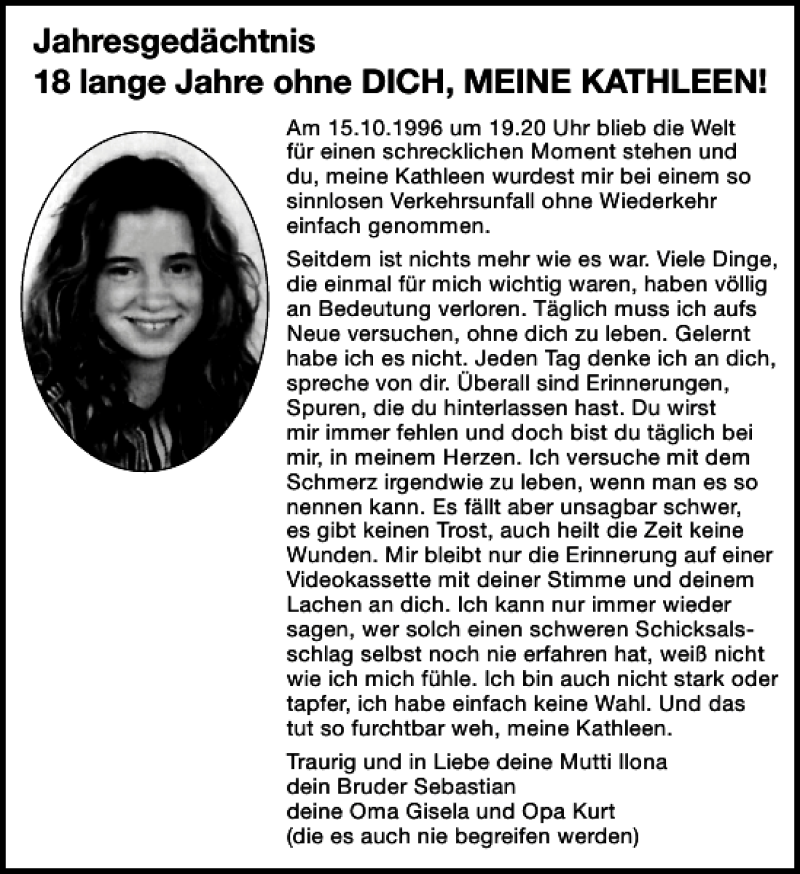  Traueranzeige für verunglückt Kathleen Kunert vom 15.10.2014 aus Leipziger Volkszeitung