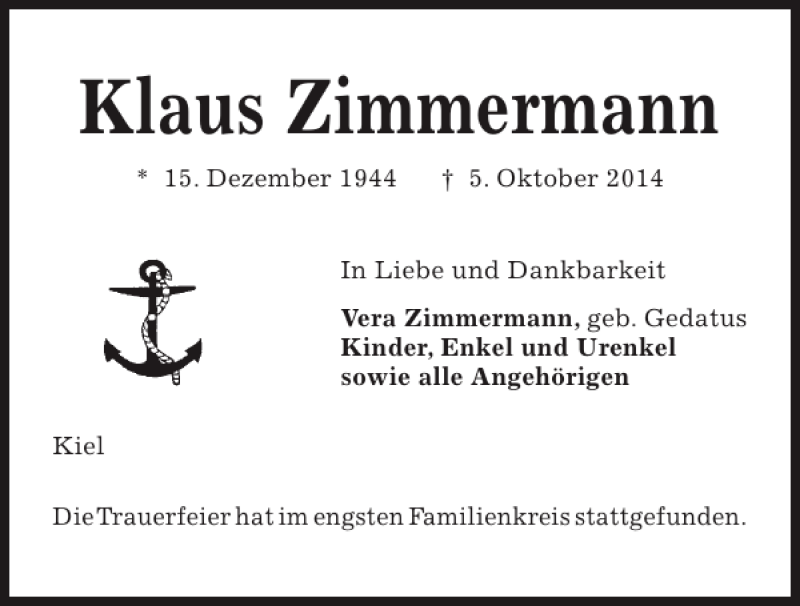  Traueranzeige für Klaus Zimmermann vom 11.10.2014 aus Kieler Nachrichten / Segeberger Zeitung