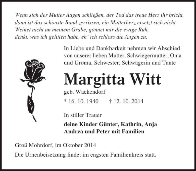  Traueranzeige für Margitta Witt vom 18.10.2014 aus Ostsee-Zeitung