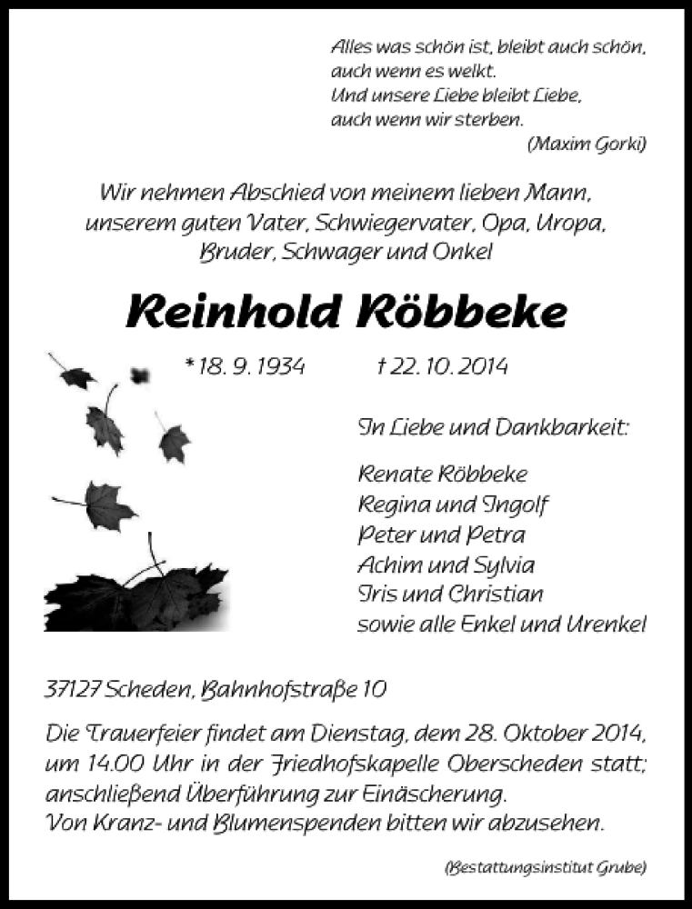  Traueranzeige für Reinhold Röbbeke vom 25.10.2014 aus Göttinger Tageblatt