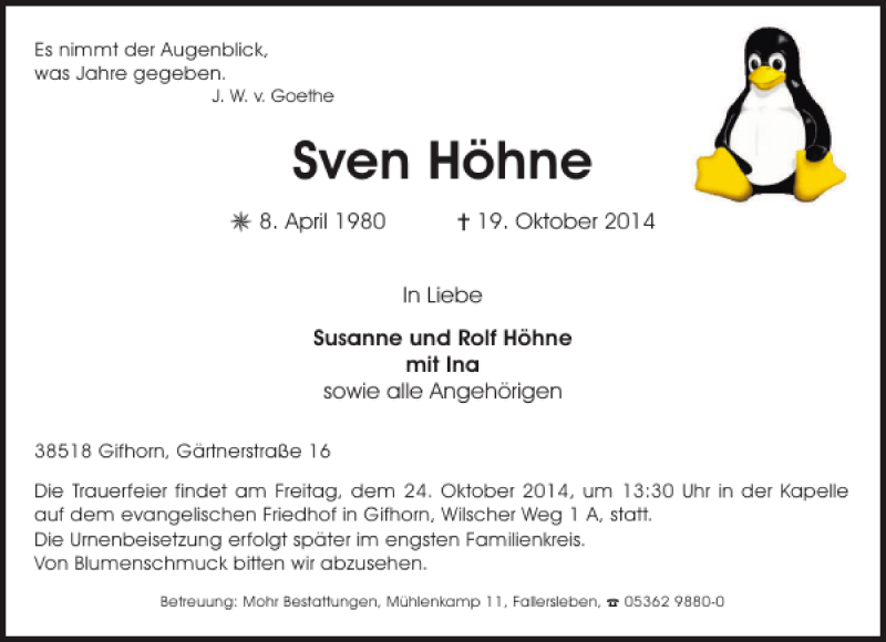  Traueranzeige für Sven Höhne vom 22.10.2014 aus Aller Zeitung / Wolfsburger Allgemeine