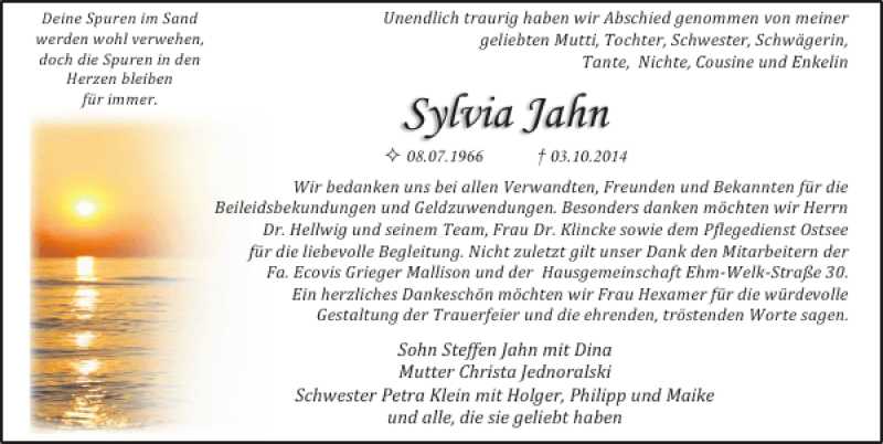  Traueranzeige für Sylvia Jahn vom 25.10.2014 aus Ostsee-Zeitung