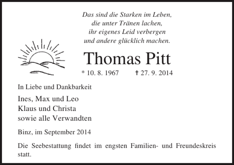  Traueranzeige für Thomas Pitt vom 04.10.2014 aus Ostsee-Zeitung