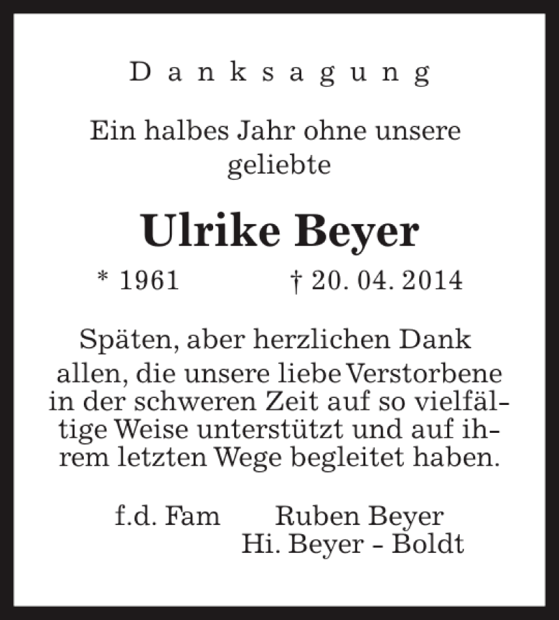 Traueranzeige für Ulrike Beyer vom 22.10.2014 aus HAZ/NP