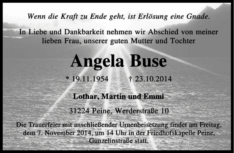  Traueranzeige für Angela Buse vom 01.11.2014 aus Peiner Allgemeine Zeitung