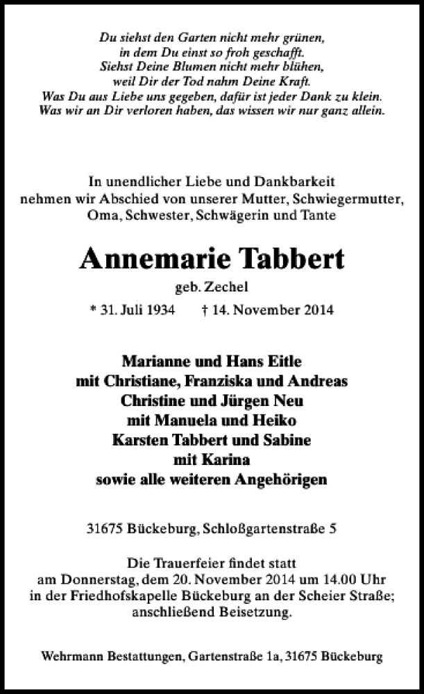  Traueranzeige für Annemarie Tabbert vom 18.11.2014 aus Schaumburger Nachrichten