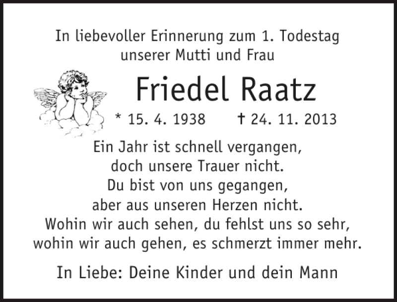  Traueranzeige für Friedel Raatz vom 22.11.2014 aus Ostsee-Zeitung