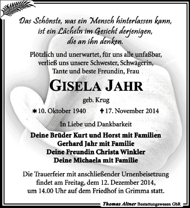  Traueranzeige für Gisela Jahr vom 29.11.2014 aus Leipziger Volkszeitung