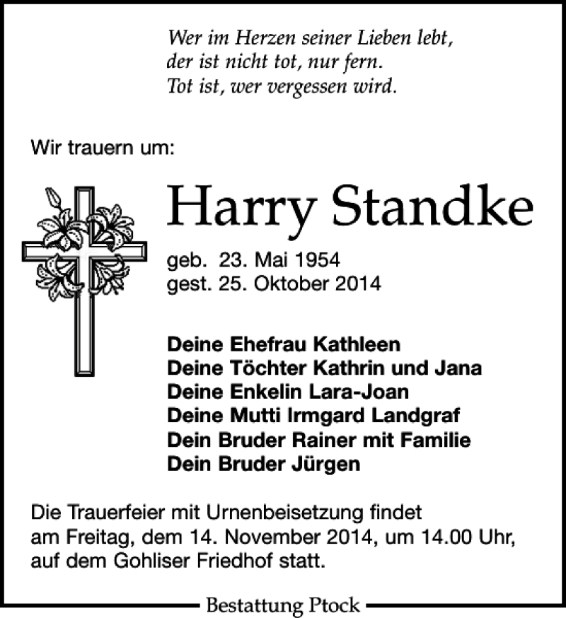 Traueranzeige für Harry Standke vom 08.11.2014 aus Leipziger Volkszeitung