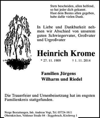 Traueranzeige von Heinrich Krome von Schaumburger Nachrichten