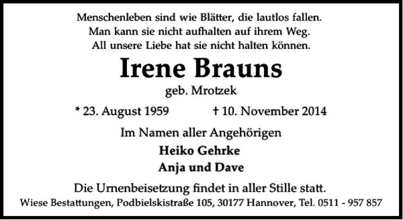  Traueranzeige für Irene Brauns vom 29.11.2014 aus HAZ/NP